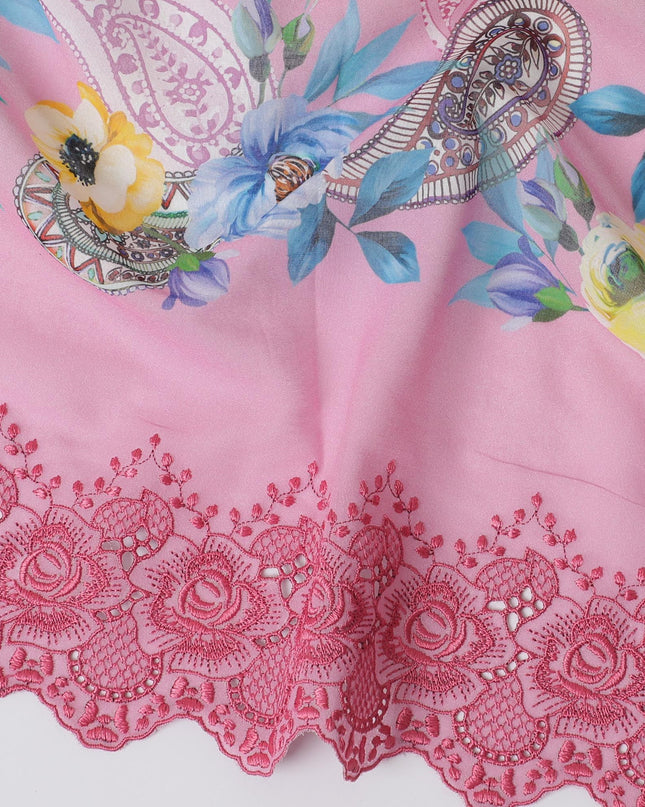 Baby pink Premium pure Swiss cotton voile fabric with multicolor print having brick pink embroidery in floral design-D16984