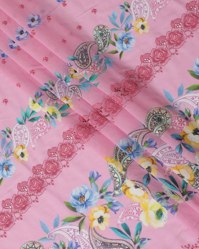 Baby pink Premium pure Swiss cotton voile fabric with multicolor print having brick pink embroidery in floral design-D16984