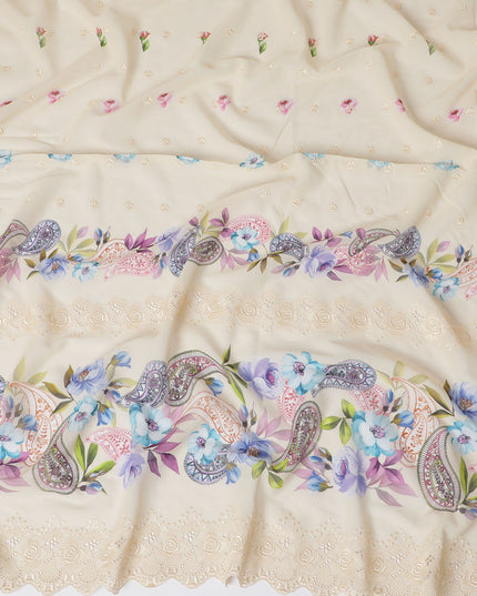 Beige Premium pure Swiss cotton voile fabric with multicolor print having same tone embroidery in floral design-D16985