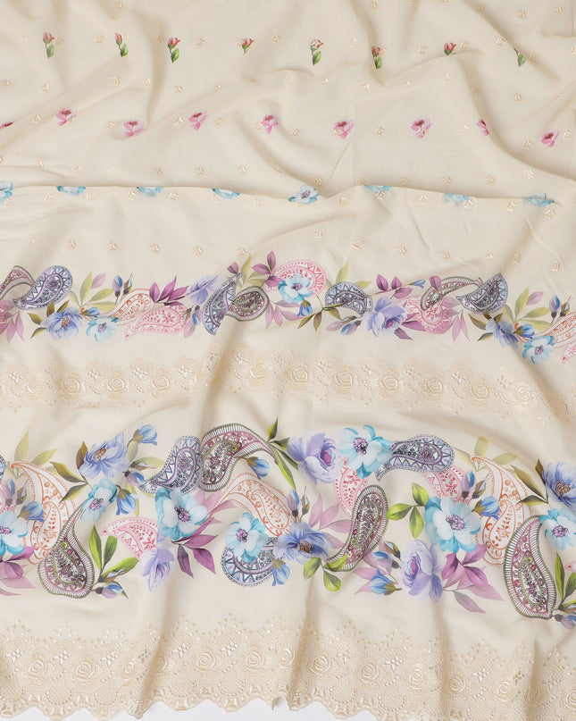 Beige Premium pure Swiss cotton voile fabric with multicolor print having same tone embroidery in floral design-D16985