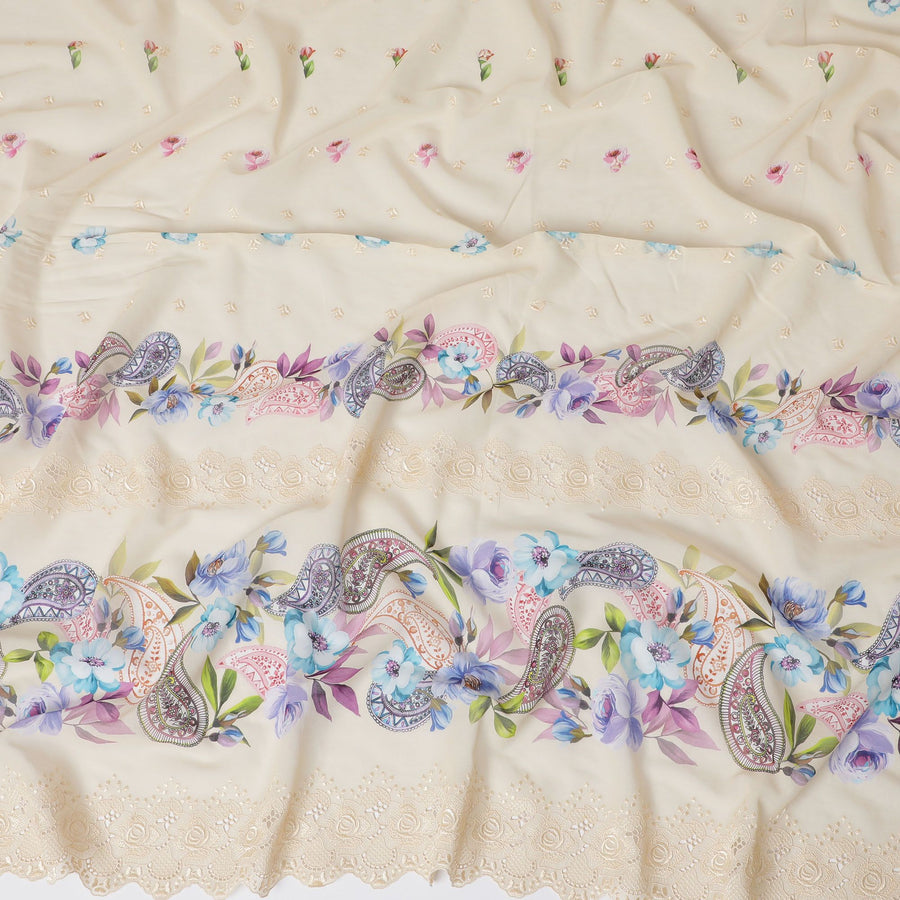 قماش فوال من القطن السويسري الخالص باللون البيج مع طباعة متعددة الألوان مع تطريز بنفس اللون بتصميم الأزهار-D16985