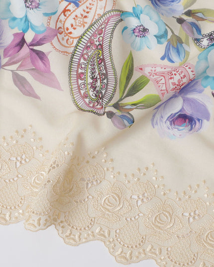 Beige Premium pure Swiss cotton voile fabric with multicolor print having same tone embroidery in floral design-D16985