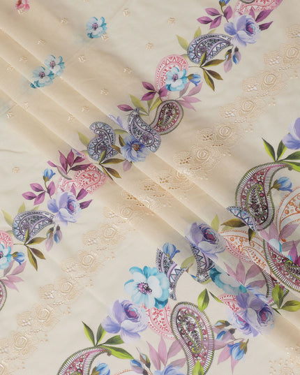 Beige Premium pure Swiss cotton voile fabric with multicolor print having same tone embroidery in floral design-D16985