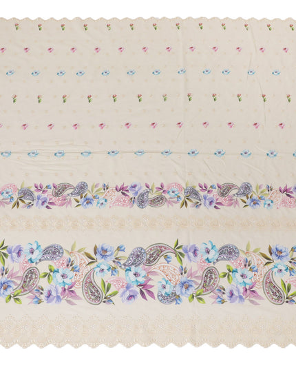 Beige Premium pure Swiss cotton voile fabric with multicolor print having same tone embroidery in floral design-D16985