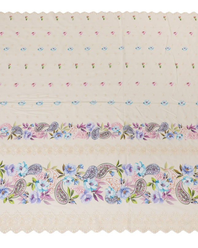 Beige Premium pure Swiss cotton voile fabric with multicolor print having same tone embroidery in floral design-D16985