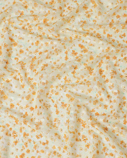 Light yellow uragiri cotton voile fabric with same tone jacquard having latte multicolor print in abstract design-D17037