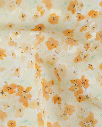 Light yellow uragiri cotton voile fabric with same tone jacquard having latte multicolor print in abstract design-D17037