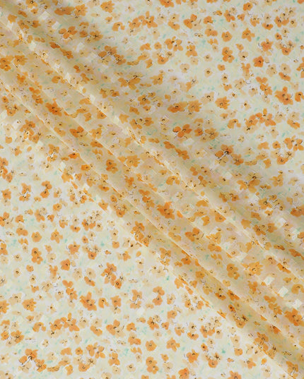 Light yellow uragiri cotton voile fabric with same tone jacquard having latte multicolor print in abstract design-D17037