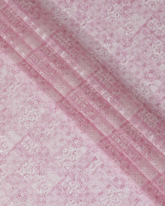 Off white uragiri cotton voile fabric with same tone jacquard having baby pink print in floral design-D17038 Regal Fabrics