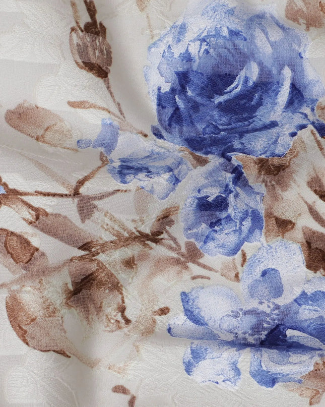Off white uragiri cotton voile fabric with same tone jacquard having multicolor print in floral design-D17039 Regal Fabrics