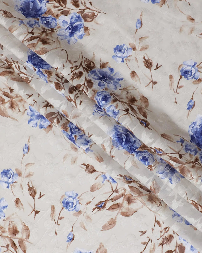 Off white uragiri cotton voile fabric with same tone jacquard having multicolor print in floral design-D17039 Regal Fabrics