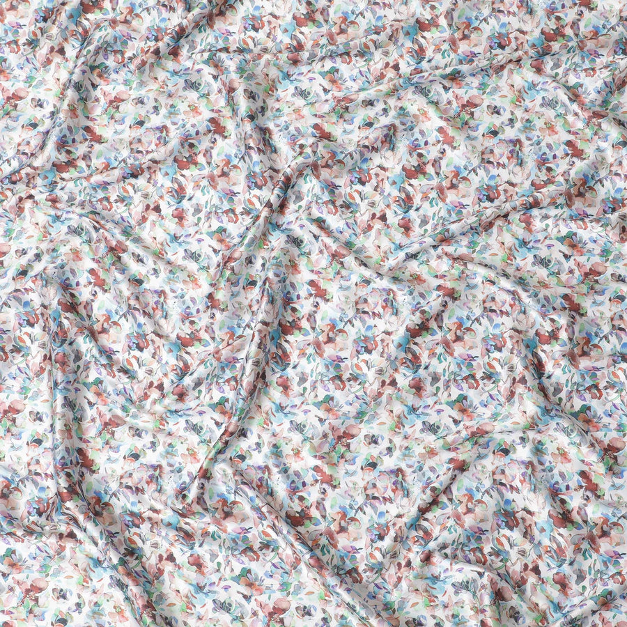قماش ساتان صناعي أبيض مع طباعة متعددة الألوان بتصميم زهور-D17046