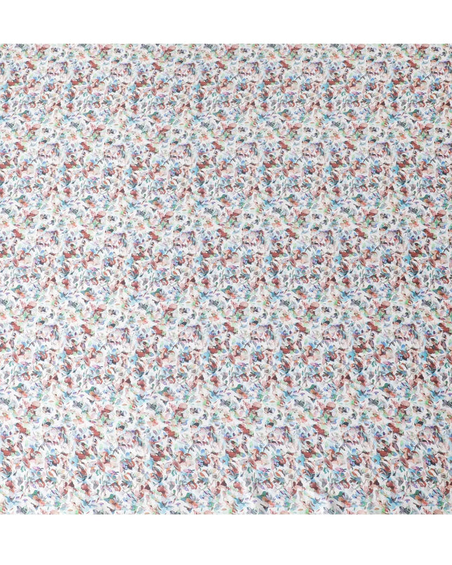 White synthetic satin fabric with multicolor print in floral design-D17046 Regal Fabrics