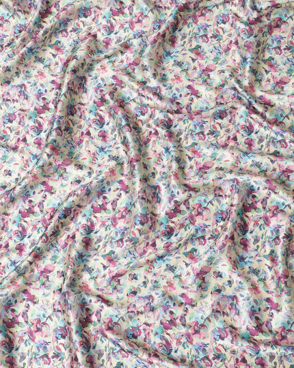 Light gold synthetic satin fabric with multicolor print in floral design-D17047