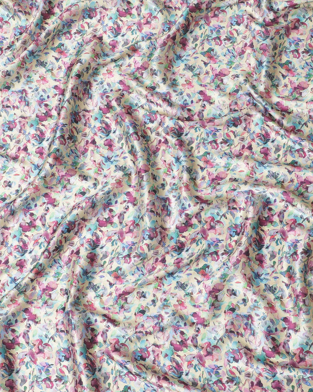 Light gold synthetic satin fabric with multicolor print in floral design-D17047