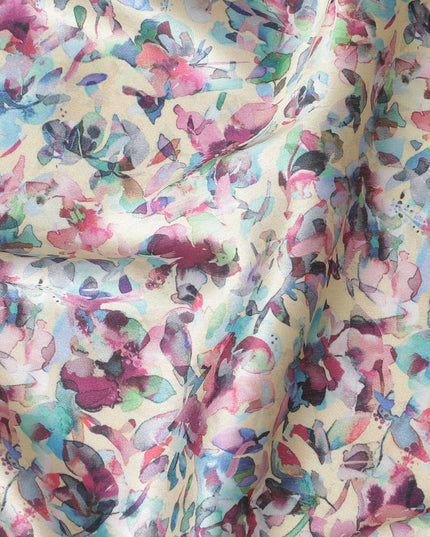 Light gold synthetic satin fabric with multicolor print in floral design-D17047