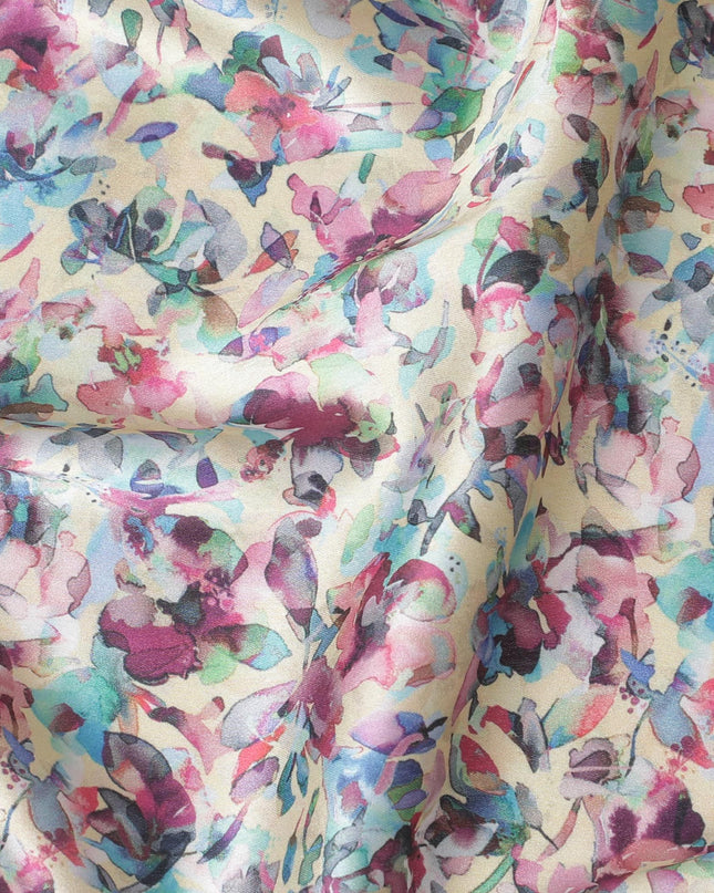 Light gold synthetic satin fabric with multicolor print in floral design-D17047