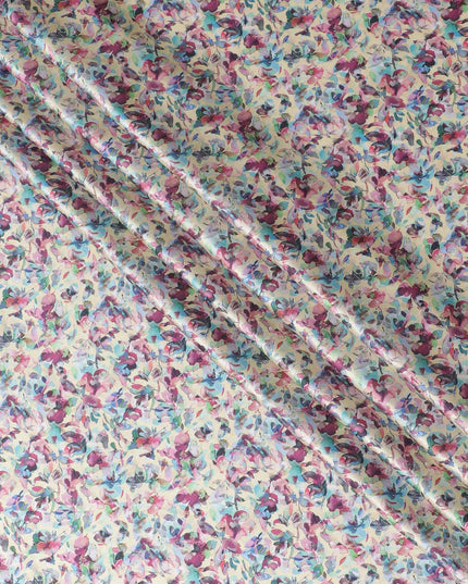 Light gold synthetic satin fabric with multicolor print in floral design-D17047