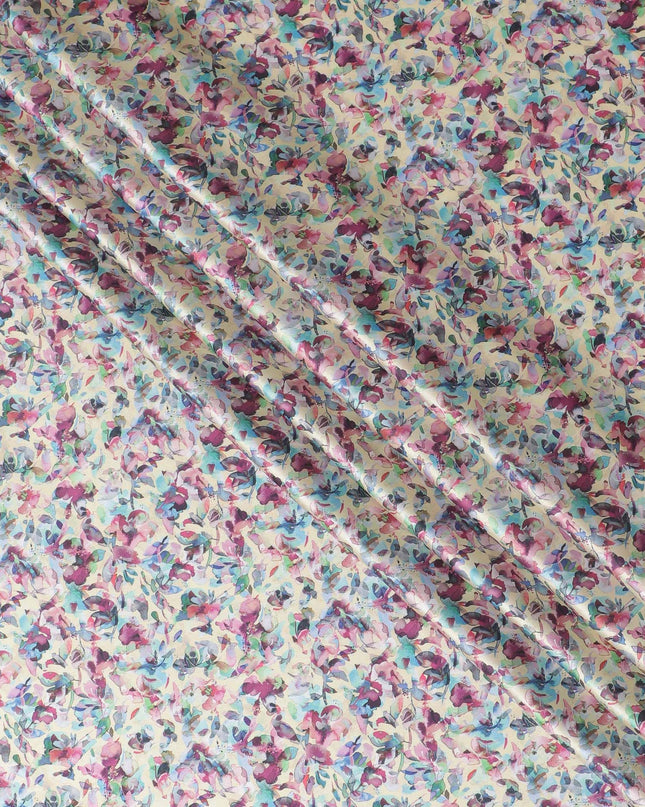 Light gold synthetic satin fabric with multicolor print in floral design-D17047