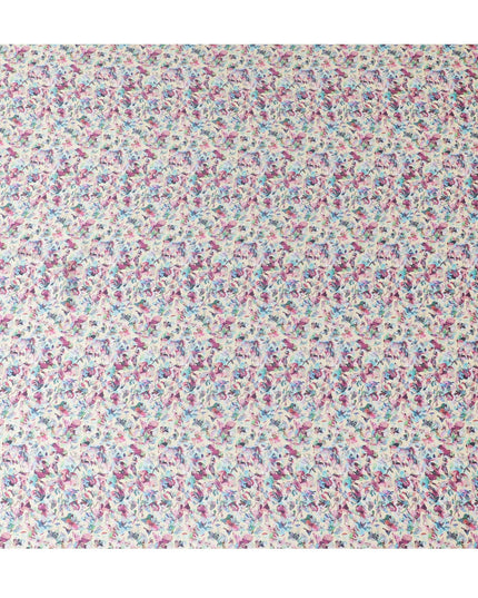 Light gold synthetic satin fabric with multicolor print in floral design-D17047