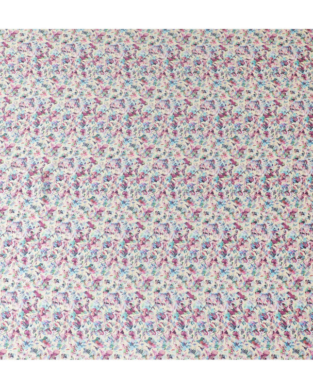 Light gold synthetic satin fabric with multicolor print in floral design-D17047