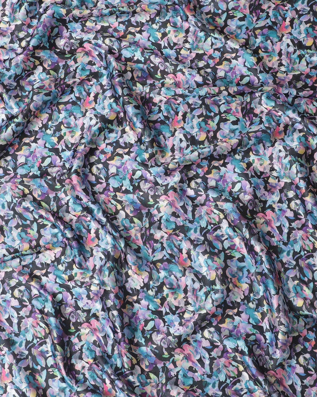 Navy blue synthetic satin fabric with multicolor print in floral design-D17048 Regal Fabrics