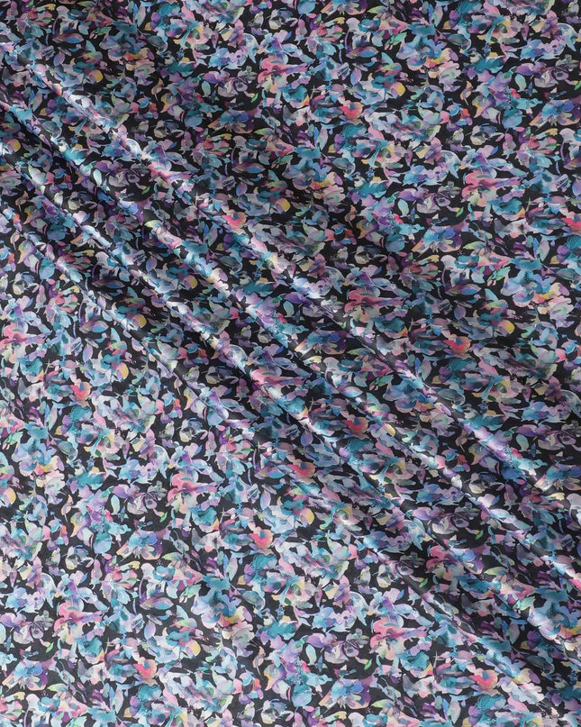 Navy blue synthetic satin fabric with multicolor print in floral design-D17048 Regal Fabrics