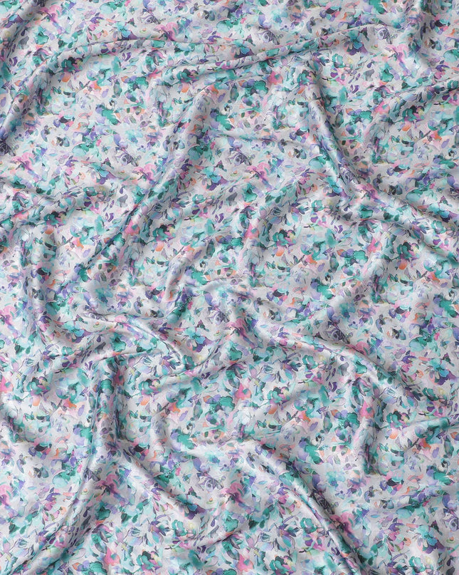 Grey synthetic satin fabric with multicolor print in floral design-D17049