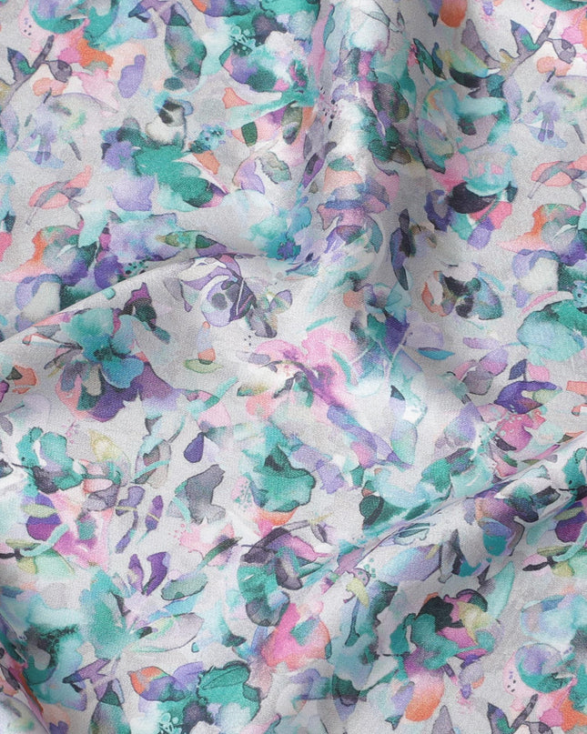 Grey synthetic satin fabric with multicolor print in floral design-D17049