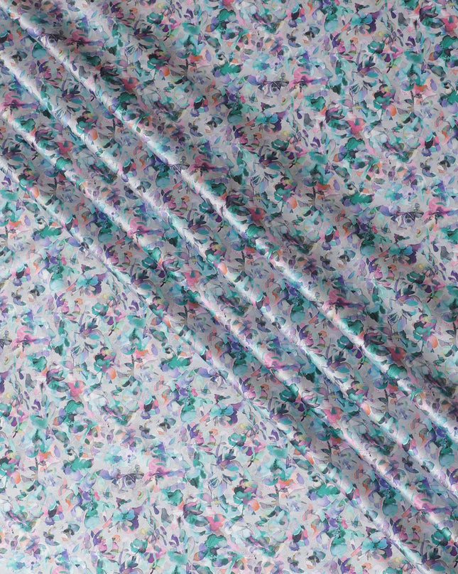 Grey synthetic satin fabric with multicolor print in floral design-D17049