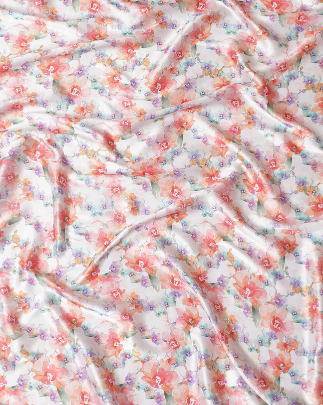 Ivory synthetic satin fabric with multicolor print in floral design-D17050