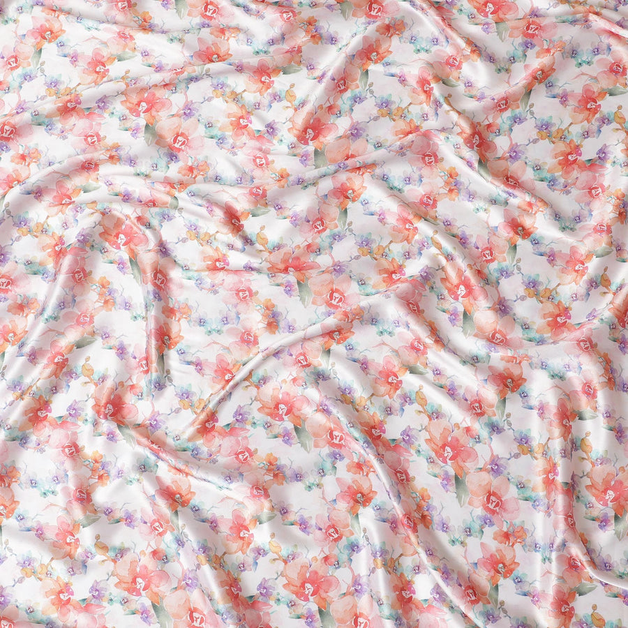 قماش ساتان صناعي عاجي مع طباعة متعددة الألوان بتصميم زهور-D17050