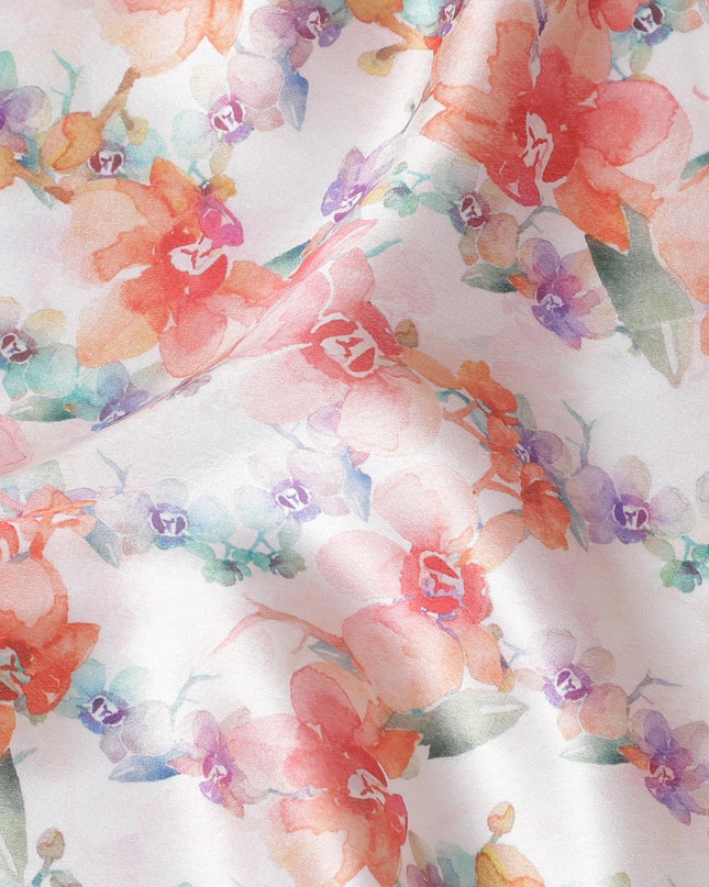 Ivory synthetic satin fabric with multicolor print in floral design-D17050