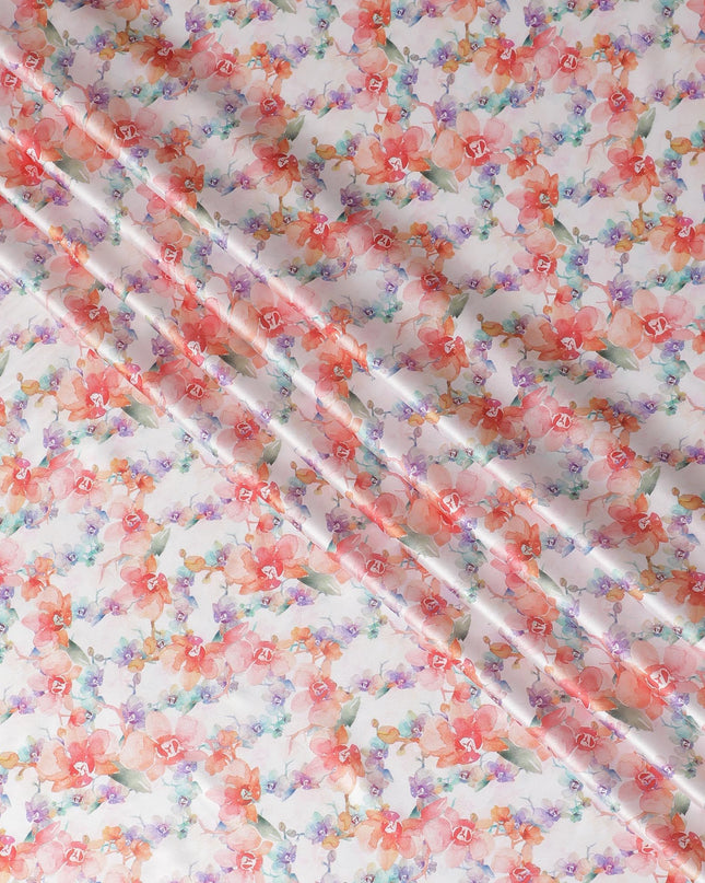 Ivory synthetic satin fabric with multicolor print in floral design-D17050