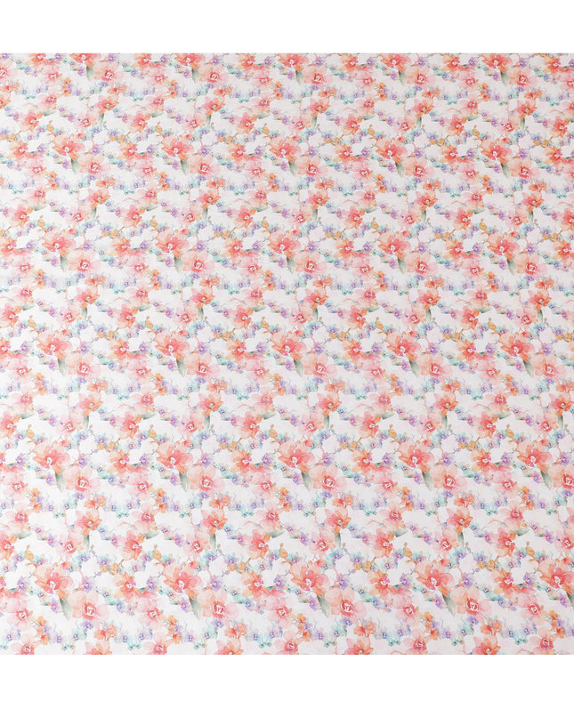 Ivory synthetic satin fabric with multicolor print in floral design-D17050