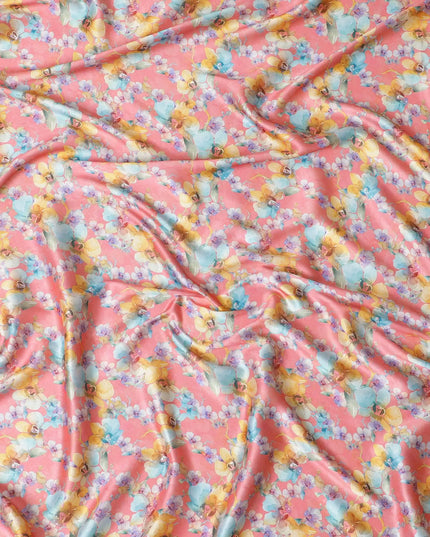 Salmon synthetic satin fabric with multicolor print in floral design-D17051 Regal Fabrics