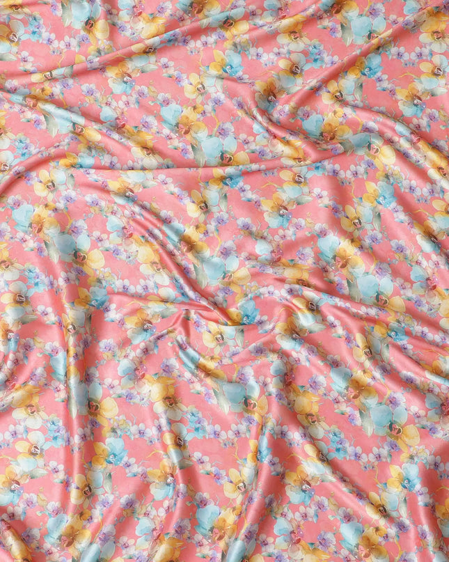 Salmon synthetic satin fabric with multicolor print in floral design-D17051 Regal Fabrics