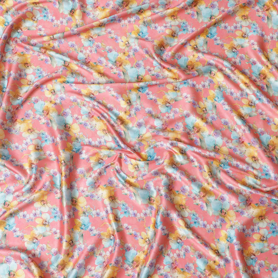 Salmon synthetic satin fabric with multicolor print in floral design-D17051 Regal Fabrics