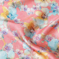 Salmon synthetic satin fabric with multicolor print in floral design-D17051 Regal Fabrics