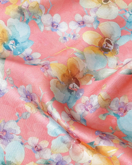 Salmon synthetic satin fabric with multicolor print in floral design-D17051 Regal Fabrics