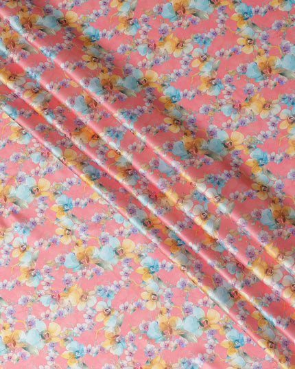 Salmon synthetic satin fabric with multicolor print in floral design-D17051 Regal Fabrics