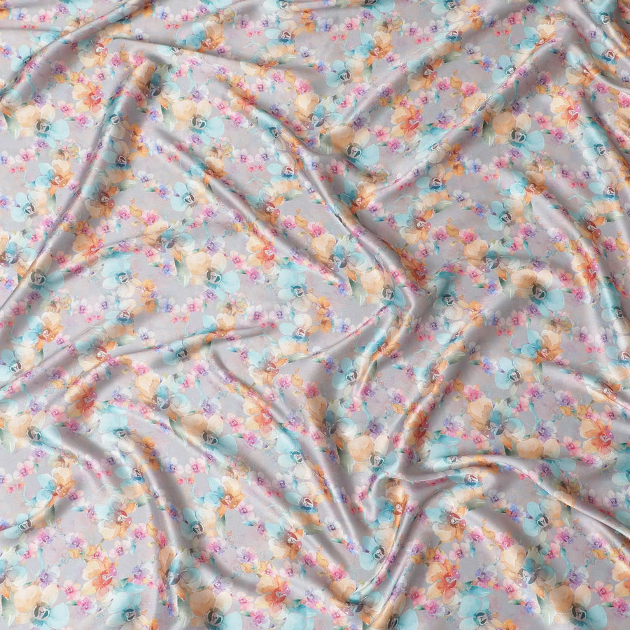Grey synthetic satin fabric with multicolor print in floral design-D17052 Regal Fabrics