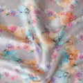 Grey synthetic satin fabric with multicolor print in floral design-D17052 Regal Fabrics