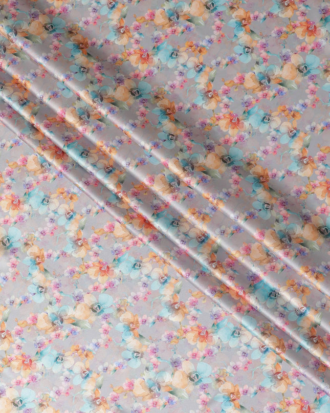 Grey synthetic satin fabric with multicolor print in floral design-D17052