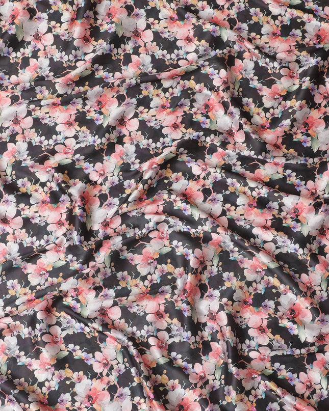 Black synthetic satin fabric with multicolor print in floral design-D17053