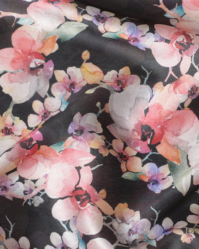 Black synthetic satin fabric with multicolor print in floral design-D17053