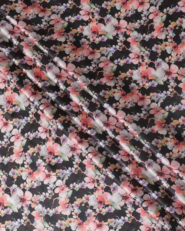 Black synthetic satin fabric with multicolor print in floral design-D17053