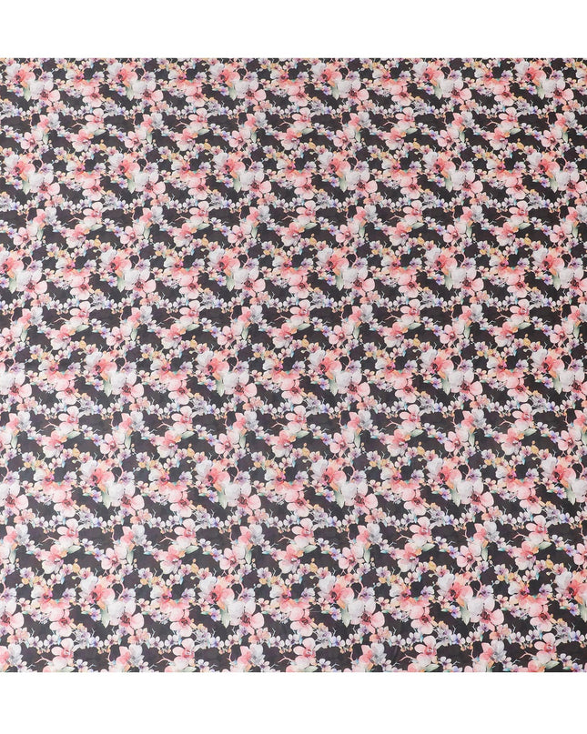 Black synthetic satin fabric with multicolor print in floral design-D17053