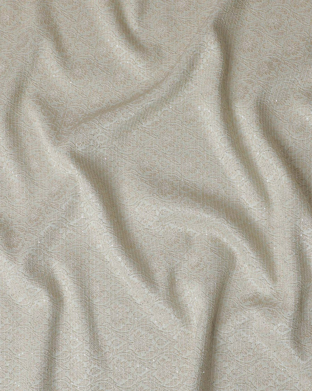 قماش مطرز من الحرير الخالص الفاخر باللون الأخضر الغار مع تطريز ذهبي وترتر بتصميم زهور -D17425