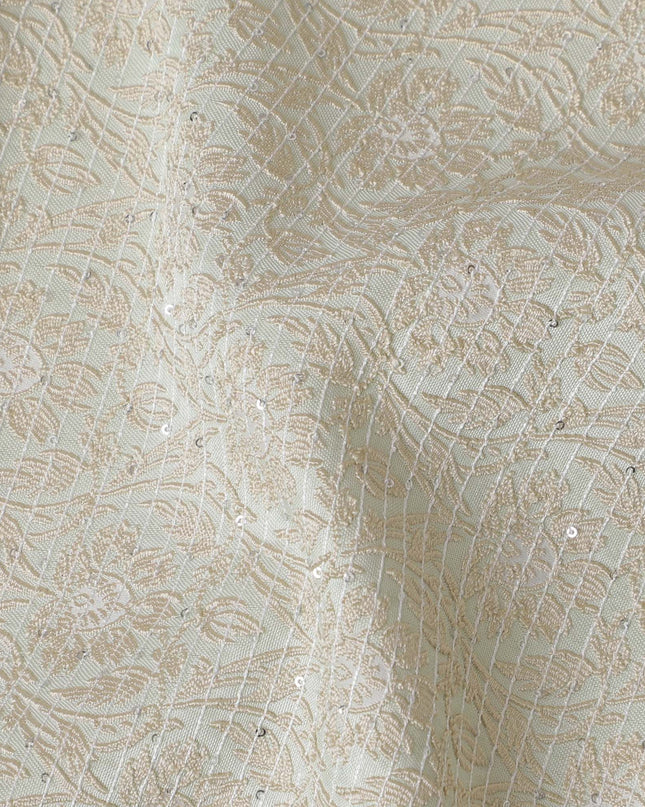 قماش مطرز من الحرير الخالص الفاخر باللون الأخضر الغار مع تطريز ذهبي وترتر بتصميم زهور -D17425